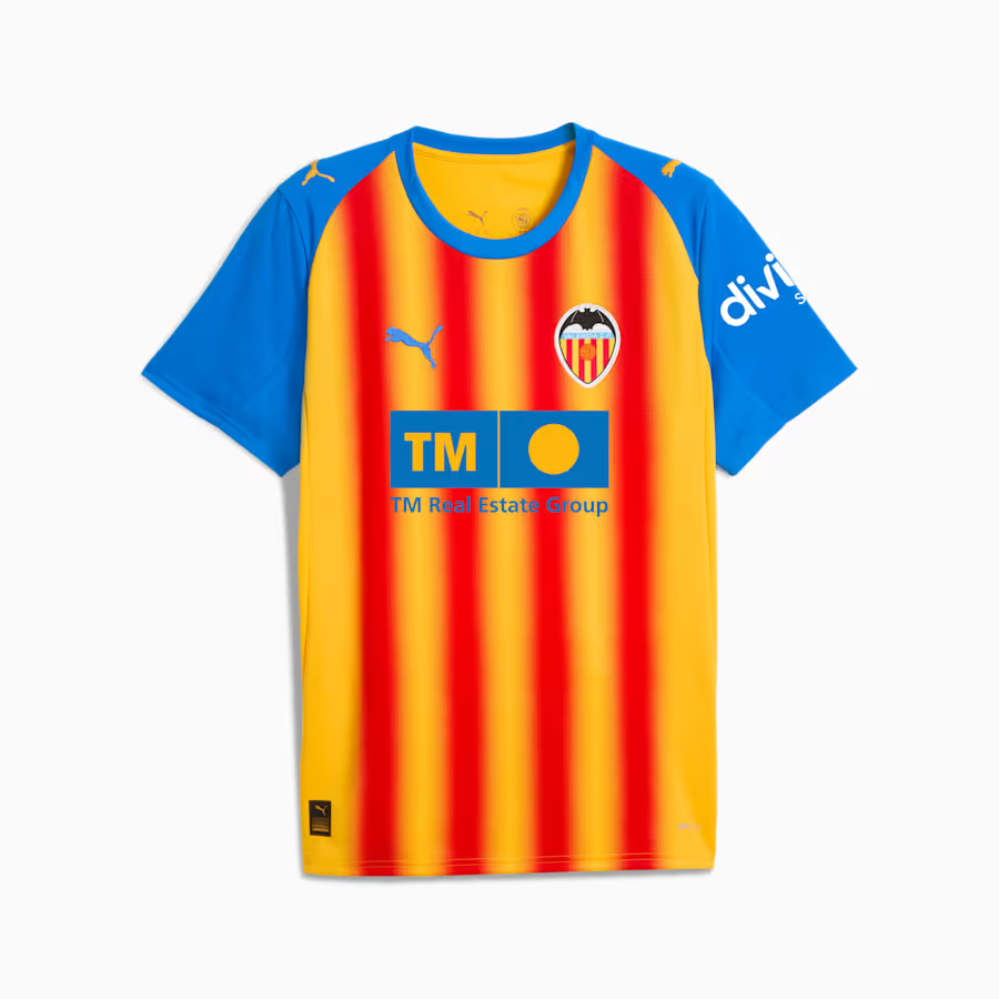Mens Valencia CF Third Jersey 2025/26 Mens Valencia CF Third Jersey 2025/26 front view in yellow and red Senyera stripes with blue sleeves