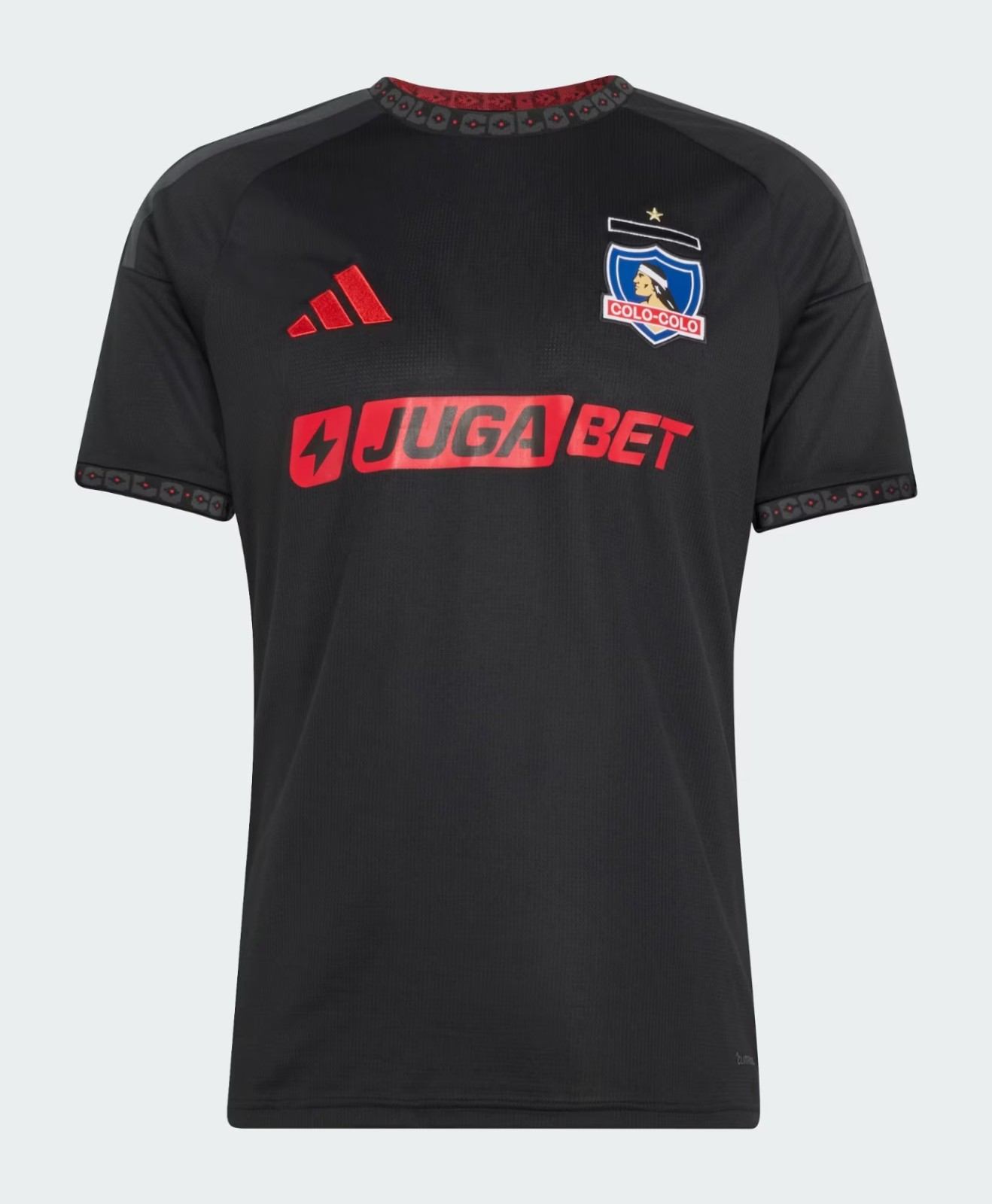 Mens Colo Colo Away Jersey 2026/27 Front view of the Mens Colo Colo Away Jersey 2026/27 in black with red sponsor and Mapuche trim