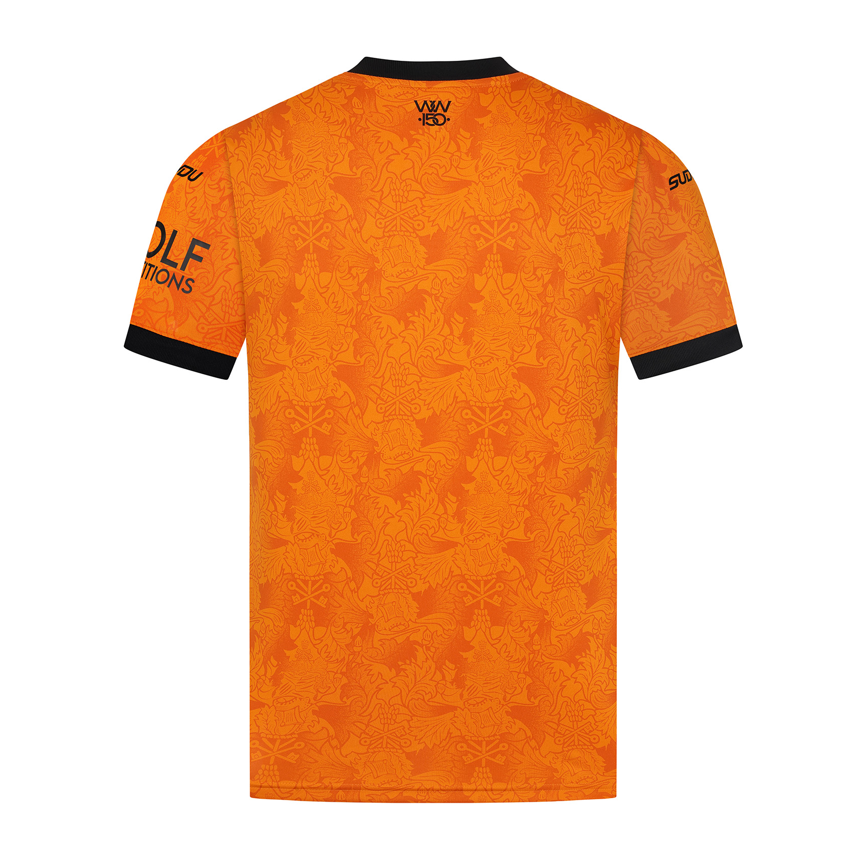 Mens Wolverhampton Wanderers Home Jersey 2026/27 Mens Wolverhampton Wanderers Home Jersey 2026/27 rear view showing ornate damask pattern and WW 150 nape logo