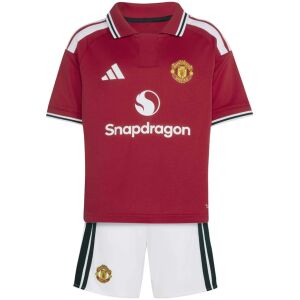 Kids Manchester United Home Kit 2026/27 front view with red polo jersey, white shorts, and Snapdragon sponsor