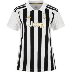 Womens Juventus Home Jersey 2026/27 tailored black and white striped shirt front view with gold crest and Jeep logo