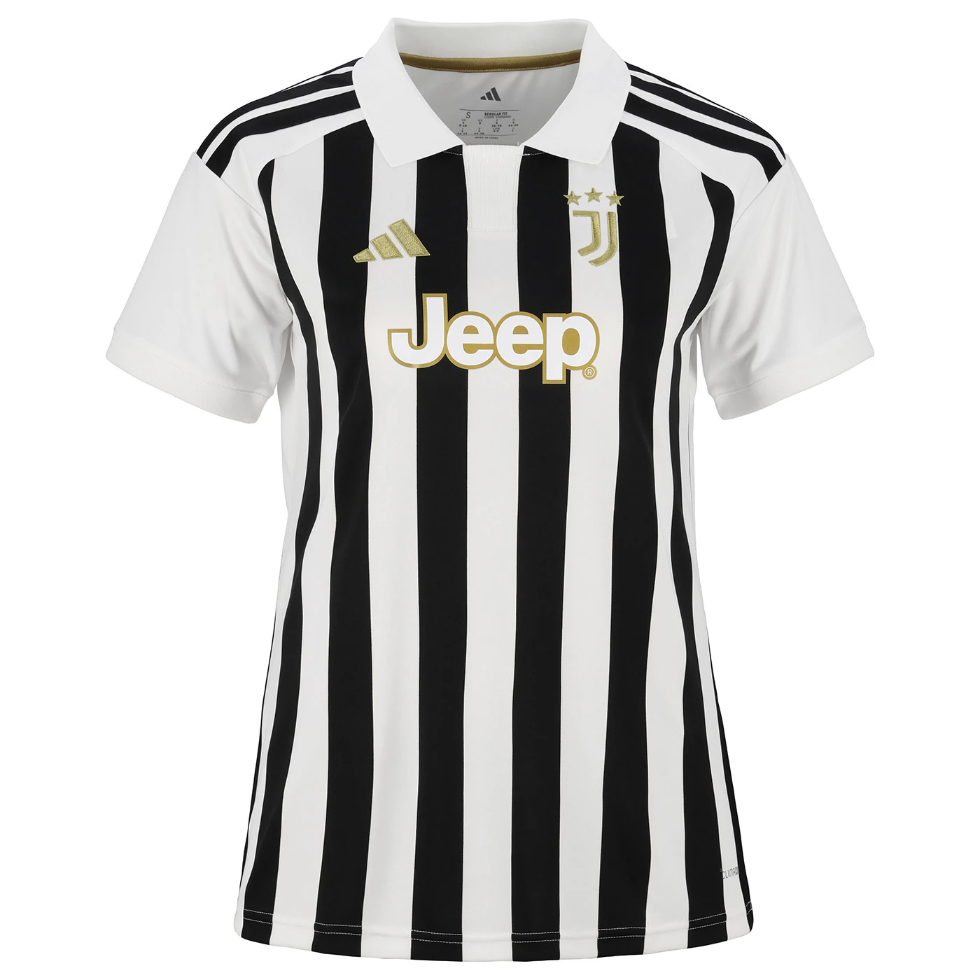 Womens Juventus Home Jersey 2026/27 Womens Juventus Home Jersey 2026/27 tailored black and white striped shirt front view with gold crest and Jeep logo