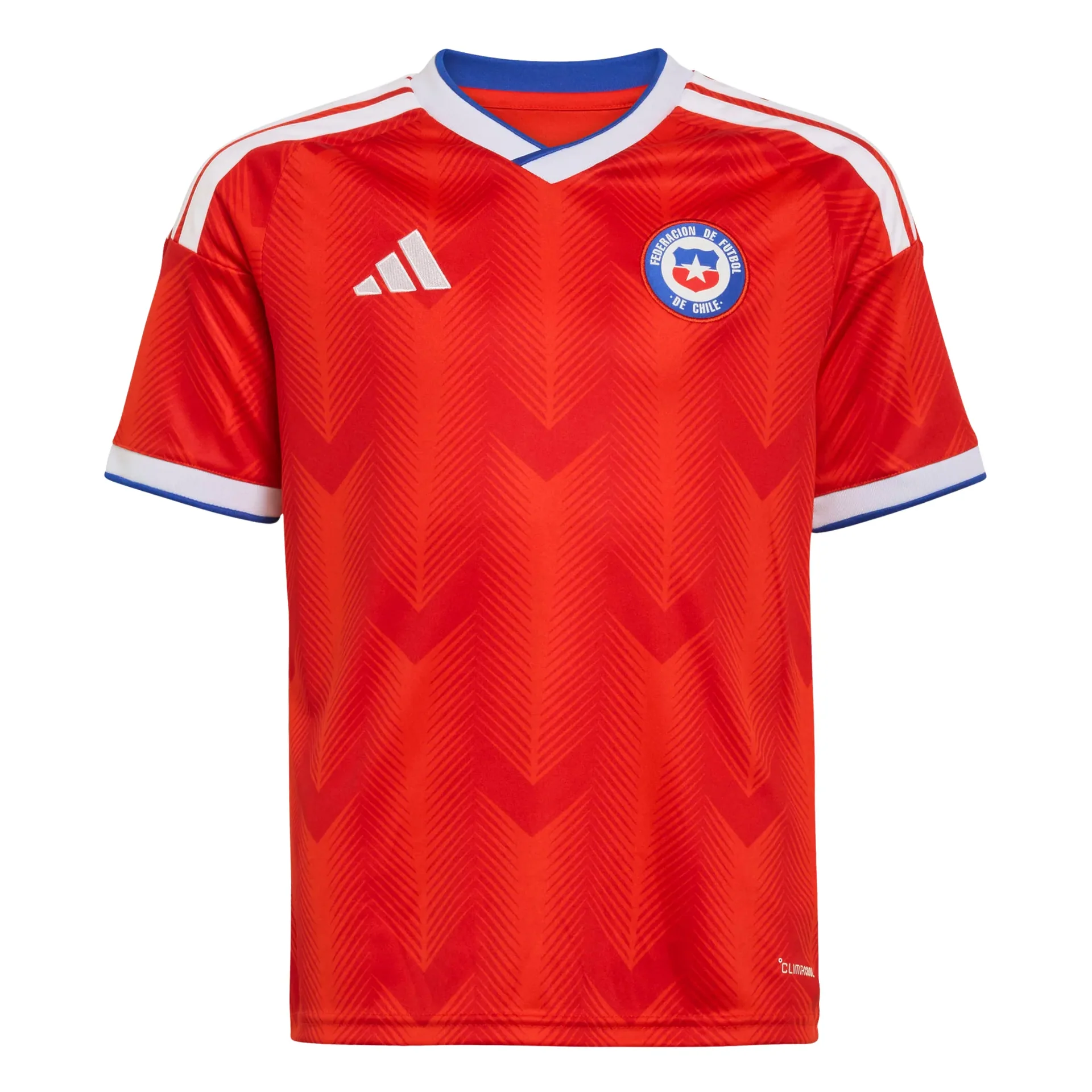 Mens Chile Home Jersey 2026 Mens Chile Home Jersey 2026 flat studio view showing scarlet red body and Andean chevron texture
