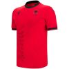 Mens Albania Home Jersey 2026 front view in red with wavy tonal pattern and black FSHF eagle crest