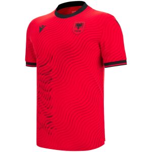 Mens Albania Home Jersey 2026 front view in red with wavy tonal pattern and black FSHF eagle crest