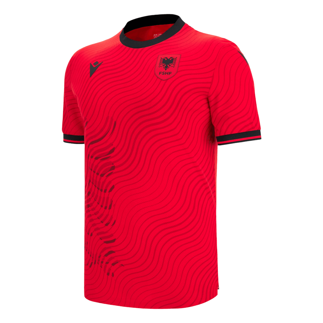 Mens Albania Home Jersey 2026 Mens Albania Home Jersey 2026 front view in red with wavy tonal pattern and black FSHF eagle crest