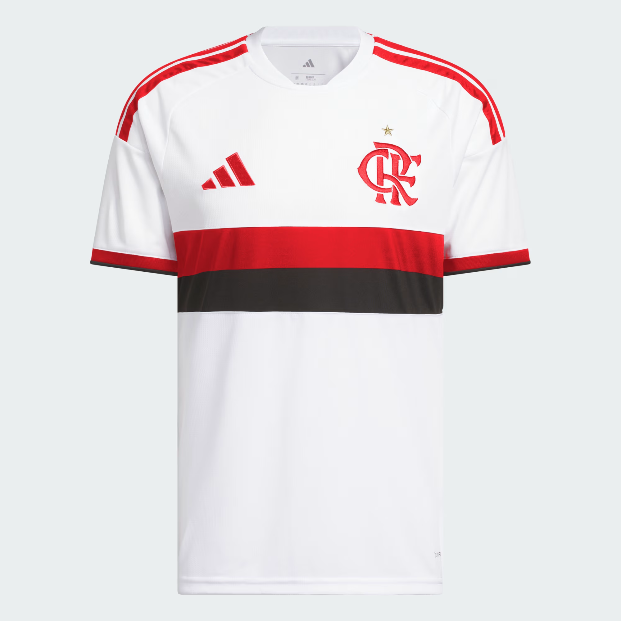 Mens CR Flamengo Away Jersey 2026/27 Mens CR Flamengo Away Jersey 2026/27 front view in white with red and black hoop and CRF crest