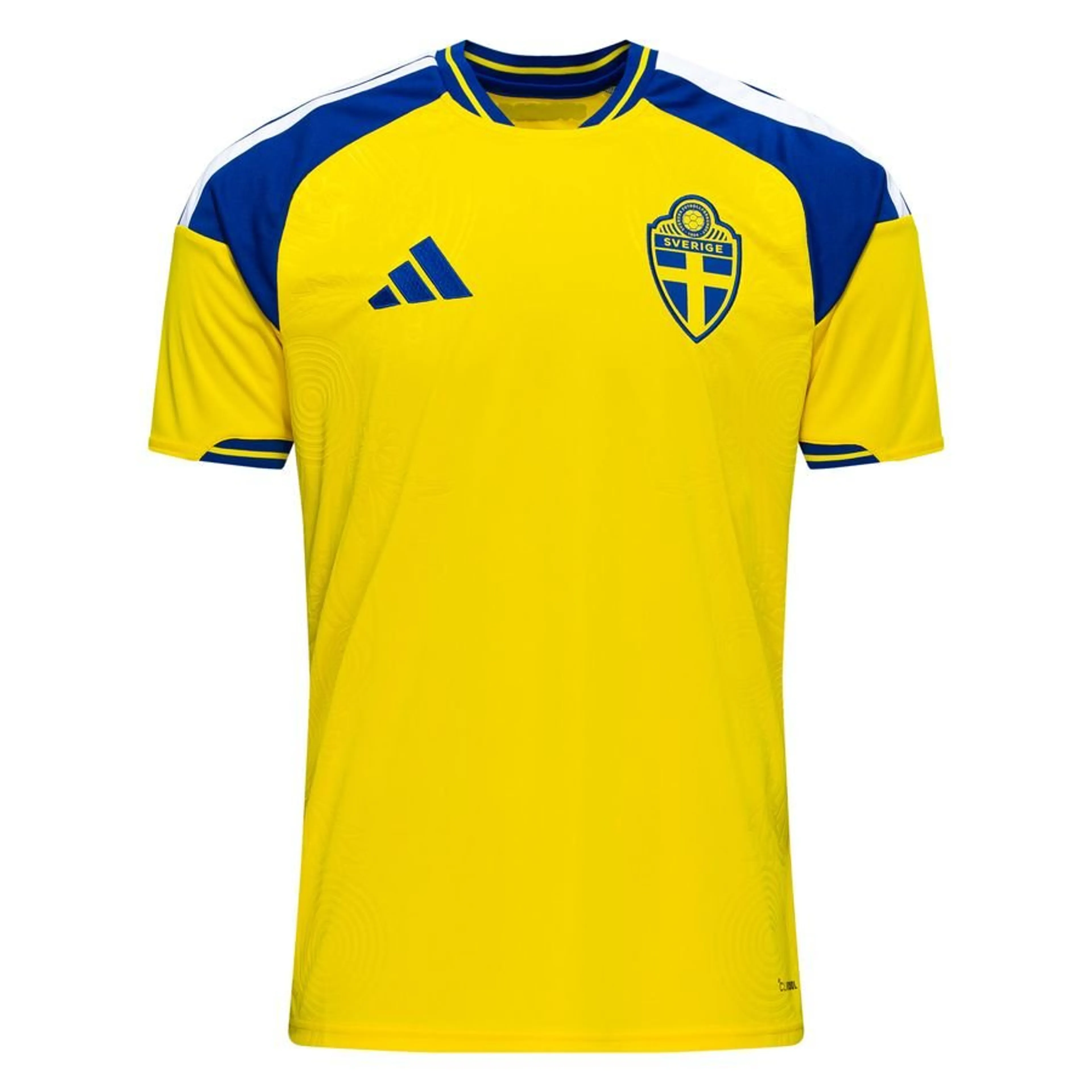 Mens Sweden World Cup Home Jersey 2026 Yellow Sweden home jersey with blue raglan panels and SVERIGE crest front view