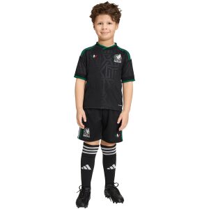 Kids World Cup Mexico Third Kit 2026 front view on youth model with black Aztec pattern jersey and shorts