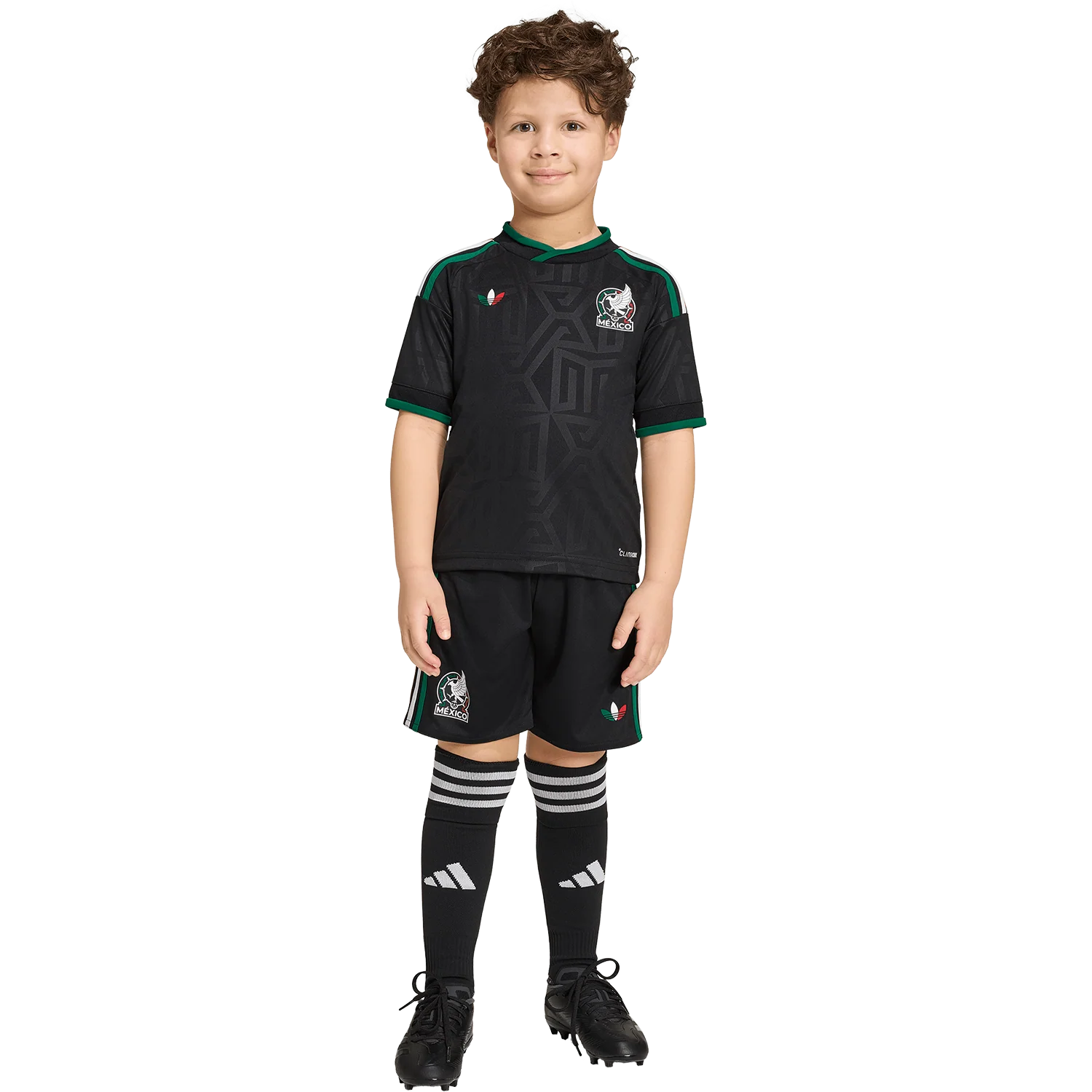 Kids World Cup Mexico Third Kit 2026 Kids World Cup Mexico Third Kit 2026 front view on youth model with black Aztec pattern jersey and shorts