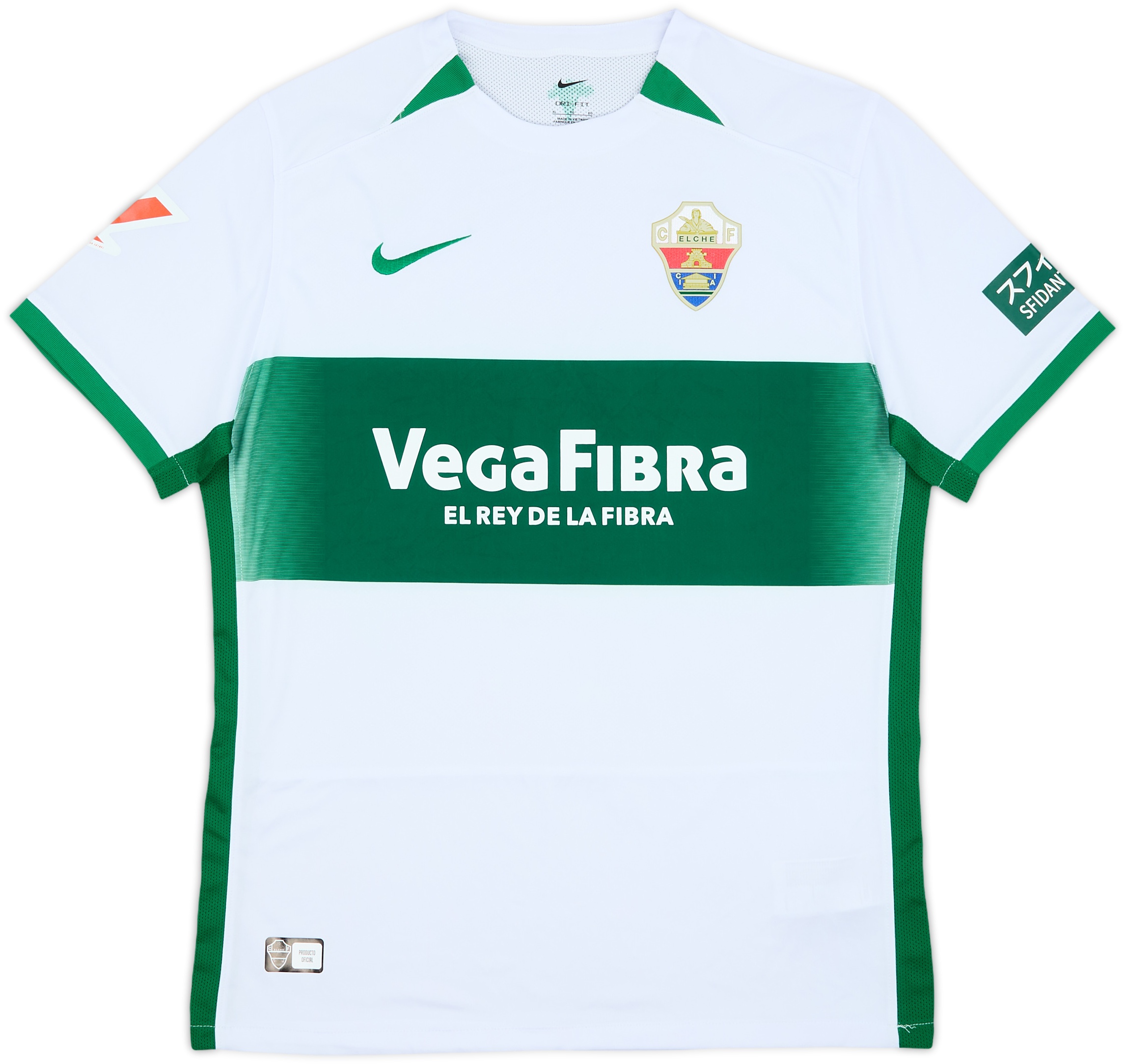 Mens Elche Home Jersey 2024/25 White Elche CF shirt with dark-green chest band and VegaFIBRA print, front view