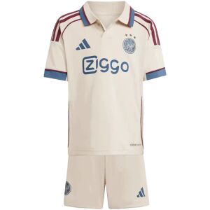 Cream kids Ajax third kit shirt with blue cuffs and Ziggo print front view