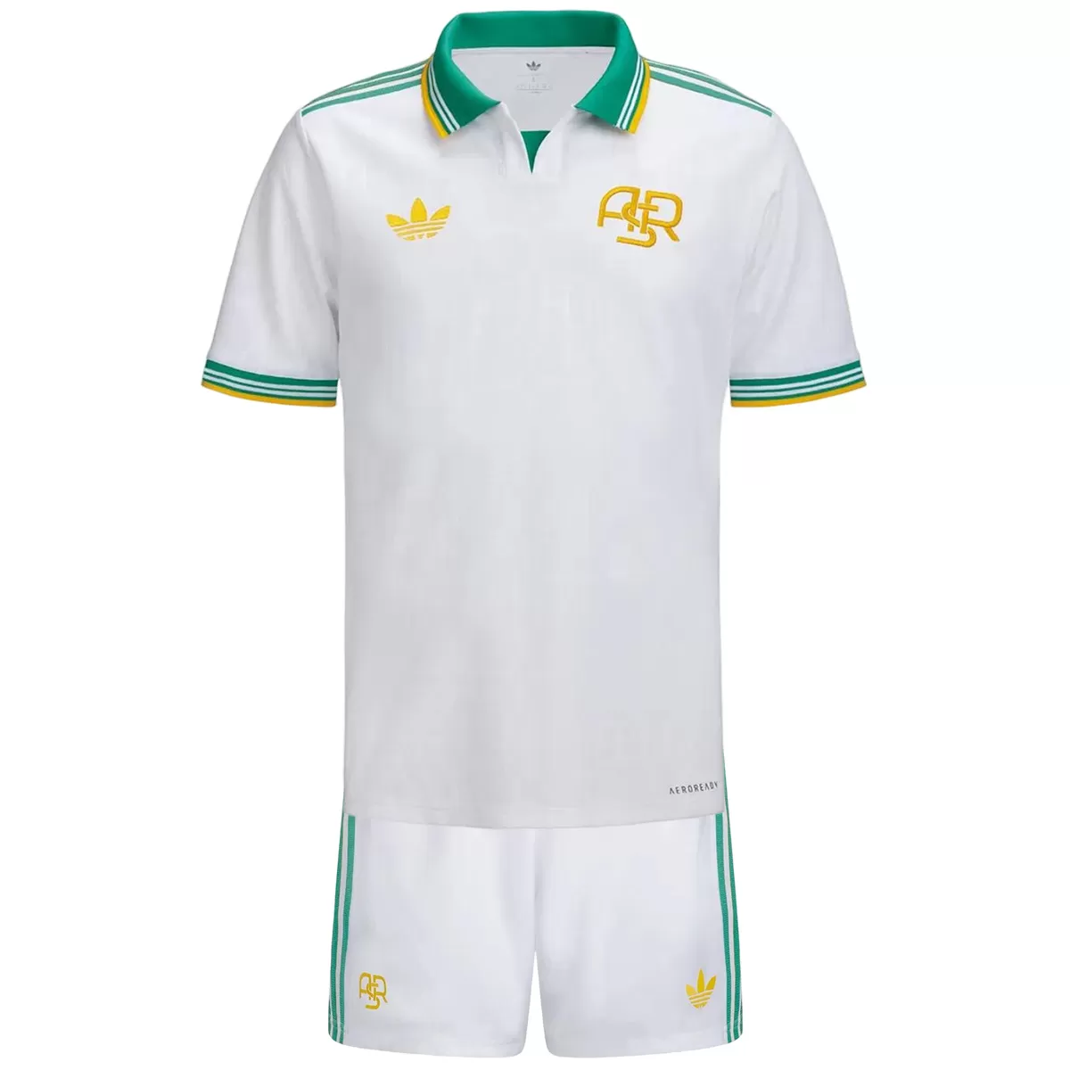 Kids Roma Third Kit 2025/26 Kids Roma Third Kit 2025/26 front view showing green polo collar and white shorts