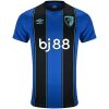 Royal blue football jersey with black vertical stripes and bj88 sponsor front view