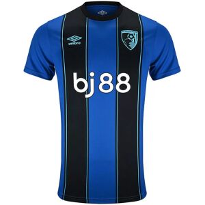 Royal blue football jersey with black vertical stripes and bj88 sponsor front view