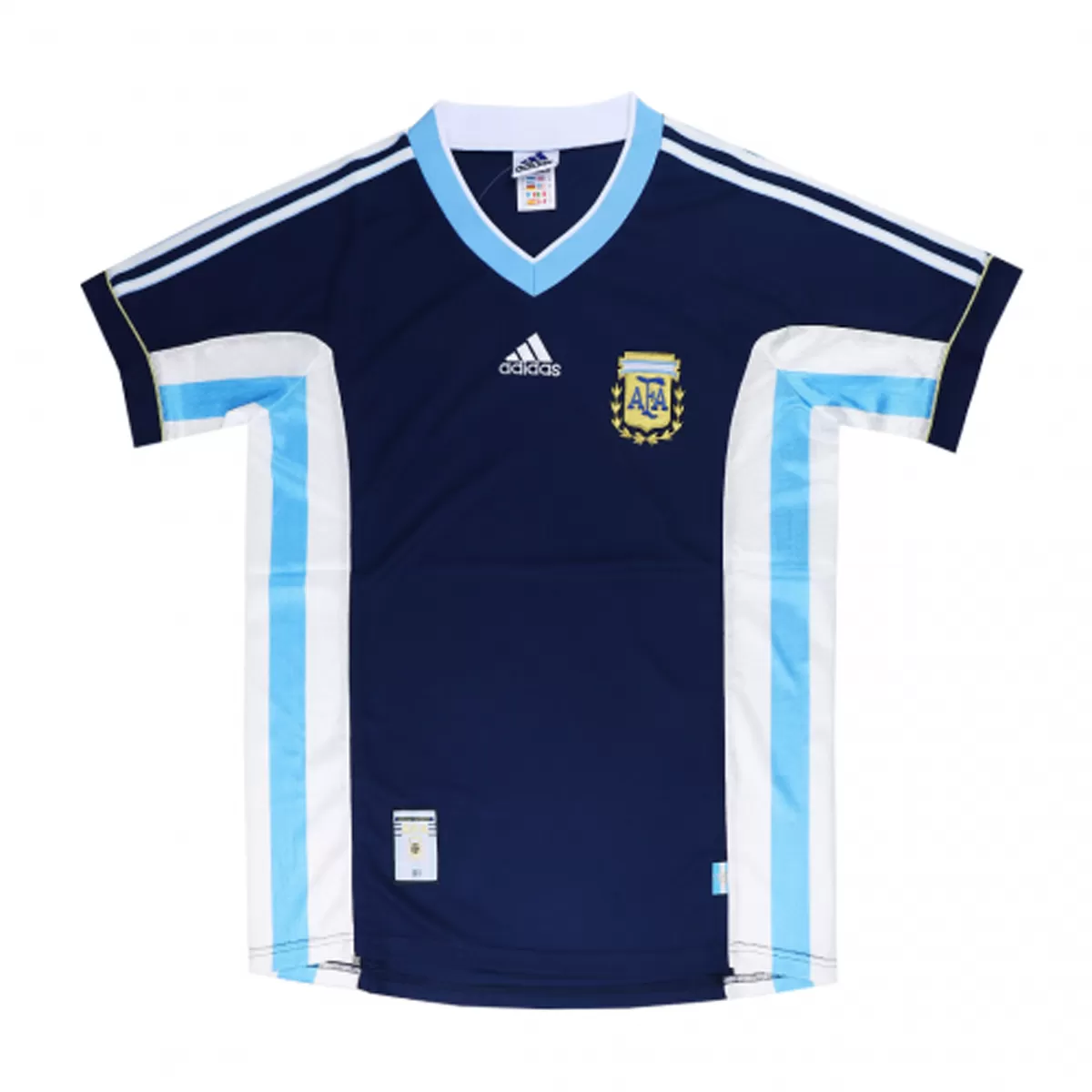 Mens Argentina World Cup Retro Away Jersey 1998 Dark navy Argentina retro away shirt with light blue V-neck front view