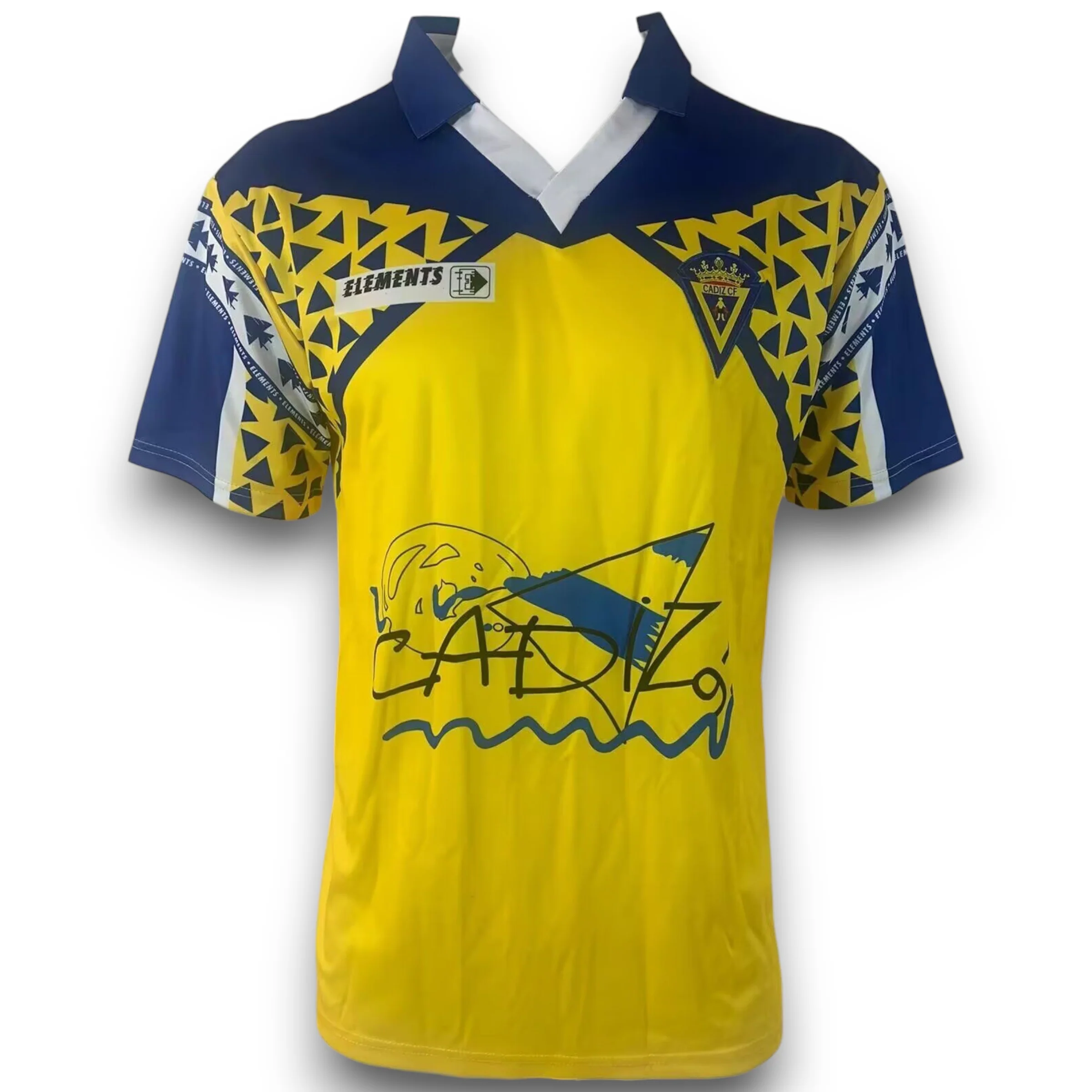 Mens Cádiz CF Retro Home Jersey 1991/92 Bright yellow jersey with navy yoke, zigzag print and crowned crest, front view