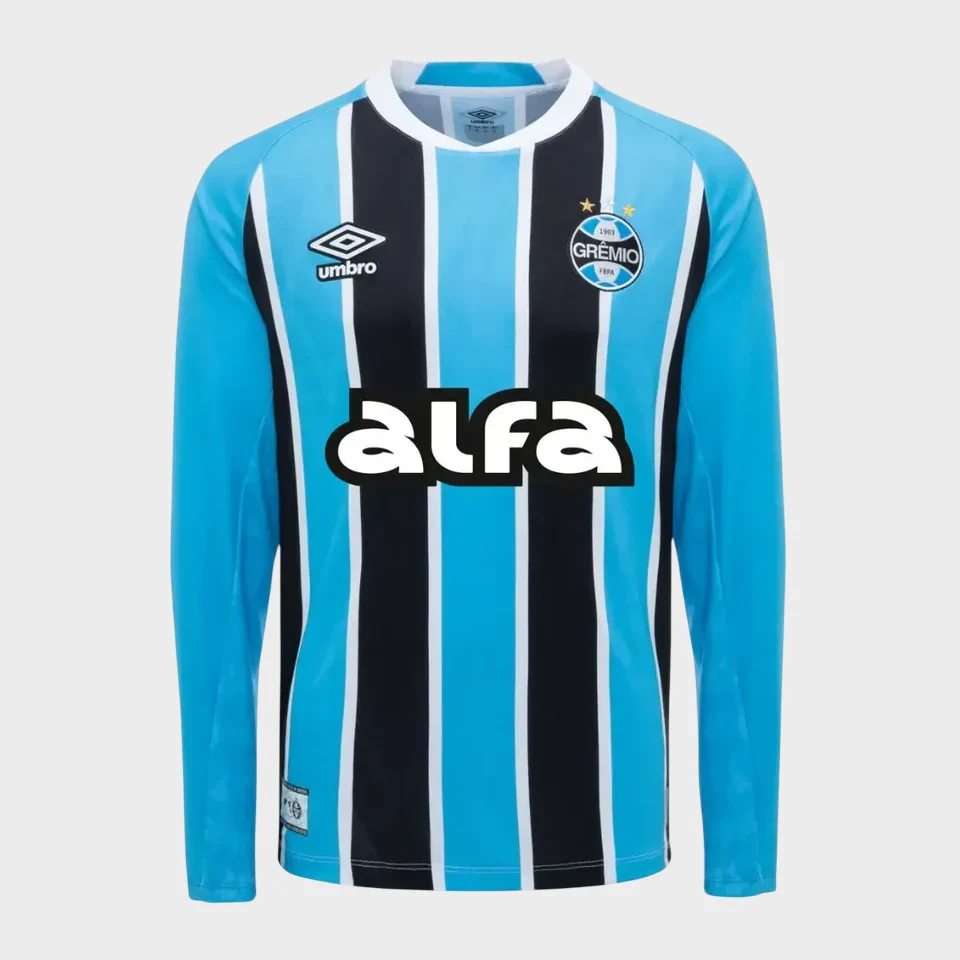 Mens Gremio Long Sleeve Home Jersey 2025/26 Gremio home jersey sky blue black stripes alfa sponsor front view