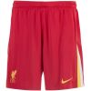 Red Liverpool home shorts with gold crest and side stripe, front view