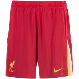 Red Liverpool home shorts with gold crest and side stripe, front view
