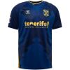Blue tonal geometric football jersey with gold trim and CD Tenerife crest, front view