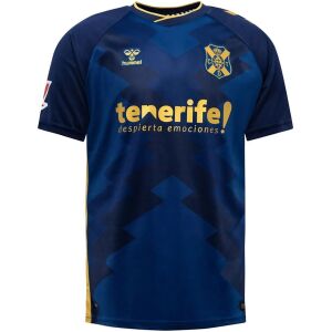Blue tonal geometric football jersey with gold trim and CD Tenerife crest, front view