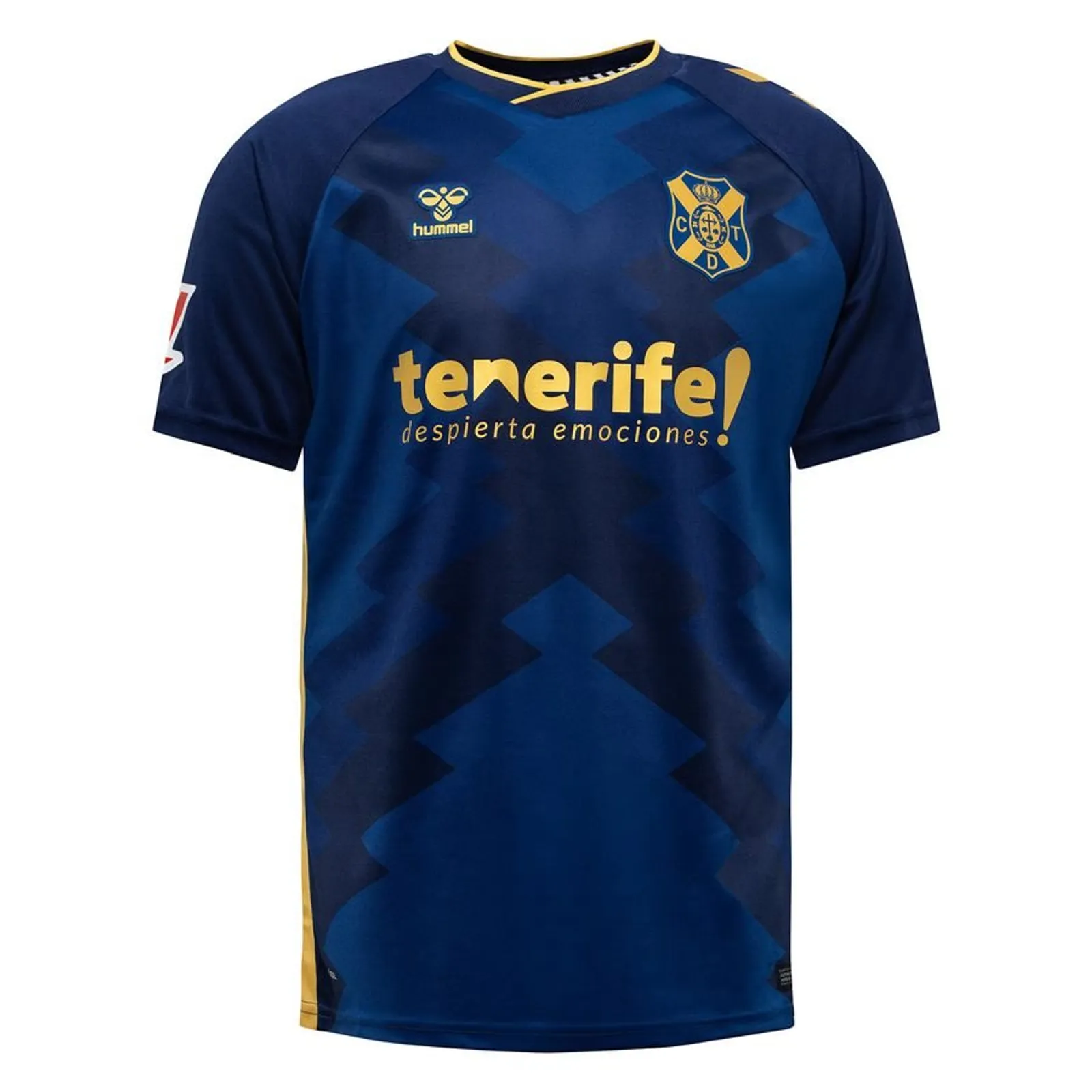 Mens Tenerife Away Jersey 2024/25 Blue tonal geometric football jersey with gold trim and CD Tenerife crest, front view
