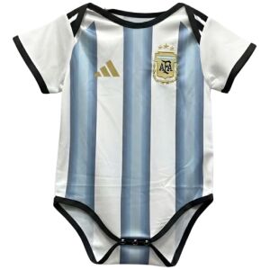 Baby Argentina Home Suit 2026 front view in sky blue and white stripes with three-star AFA crest