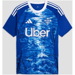 Mens Como 1907 Home Jersey 2025/26 front view in lake blue with wave ripple graphics and Uber sponsor