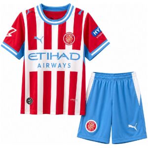Kids Girona FC Home Kit 2026/27 red and white striped shirt and blue shorts front view with team crest