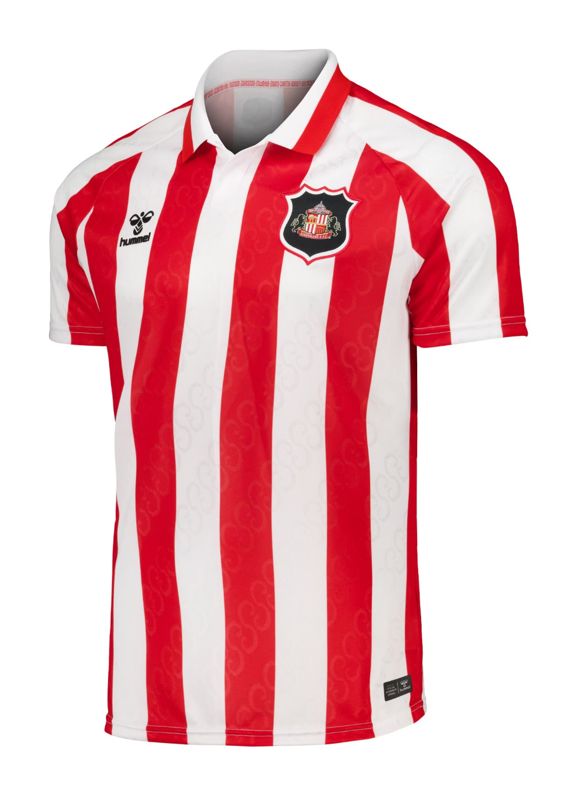 Mens Sunderland Hummel Home Jersey 2026/27 Mens Sunderland Hummel Home Jersey 2026/27 front view in red and white stripes with white polo collar