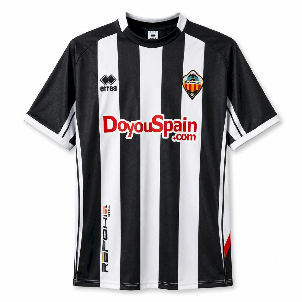 Mens CD Castellón Home Jersey 2026/27 Mens CD Castellón Home Jersey 2026/27 front view with black and white vertical stripes and red sponsor
