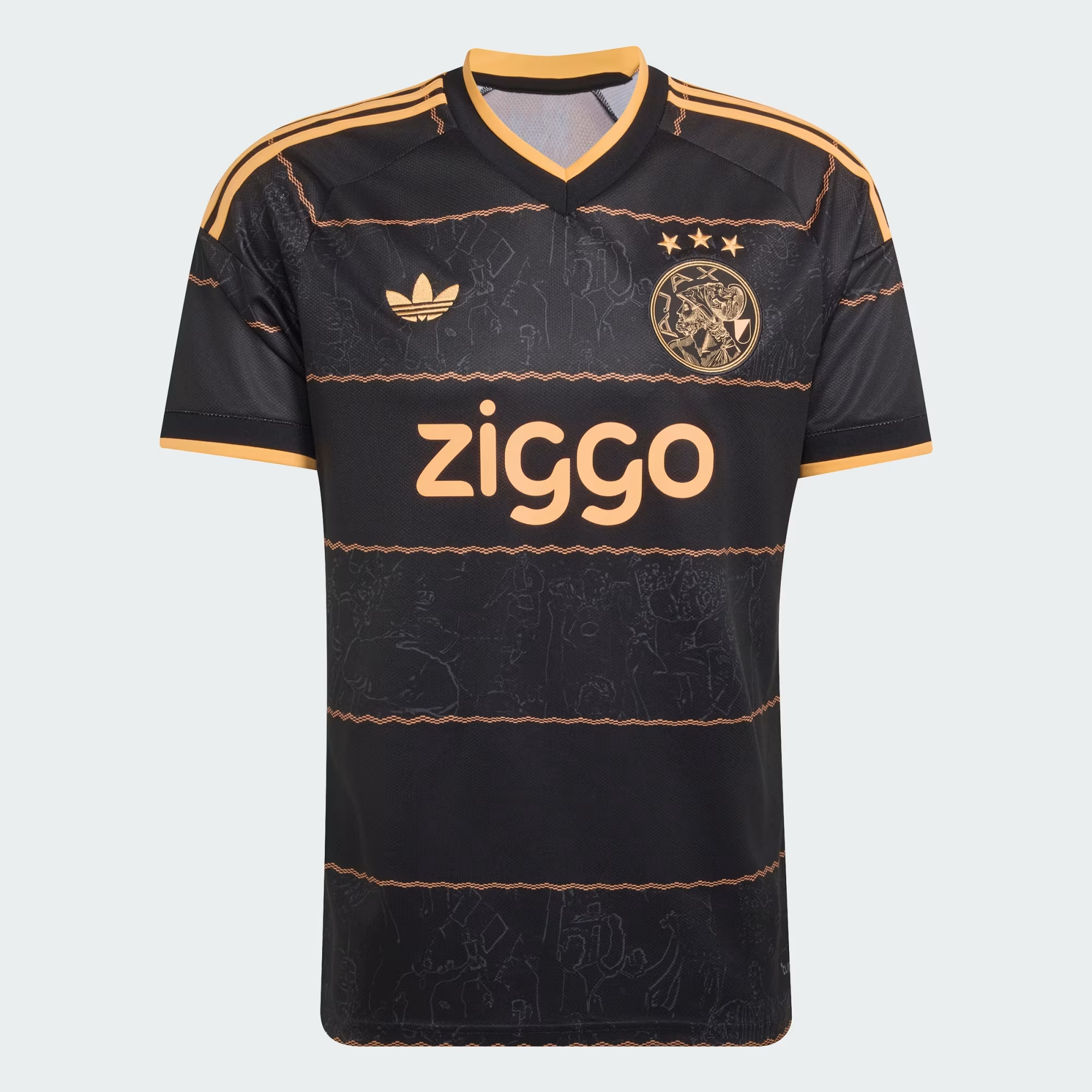 Mens Ajax Away Jersey 2026/27 Mens Ajax Away Jersey 2026/27 black shirt front view with metallic copper trim and three-star crest
