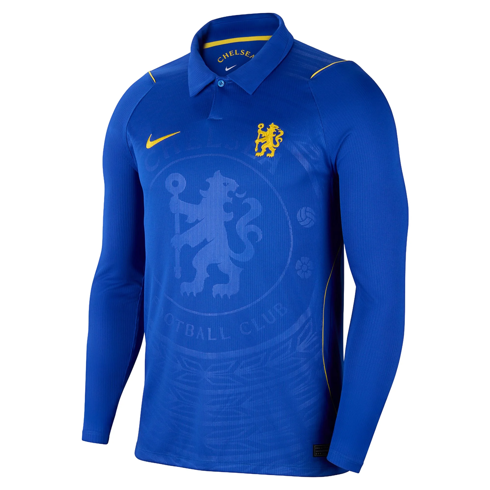 Mens Chelsea Long Sleeve Home Jersey 2026/27 Mens Chelsea Long Sleeve Home Jersey 2026/27 royal blue shirt front view with polo collar and yellow lion crest