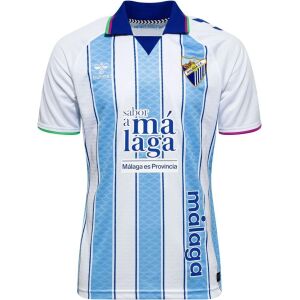 Mens Málaga Home Jersey 2026/27 Mens Málaga Home Jersey 2026/27 front view in sky blue and white stripes with royal blue collar