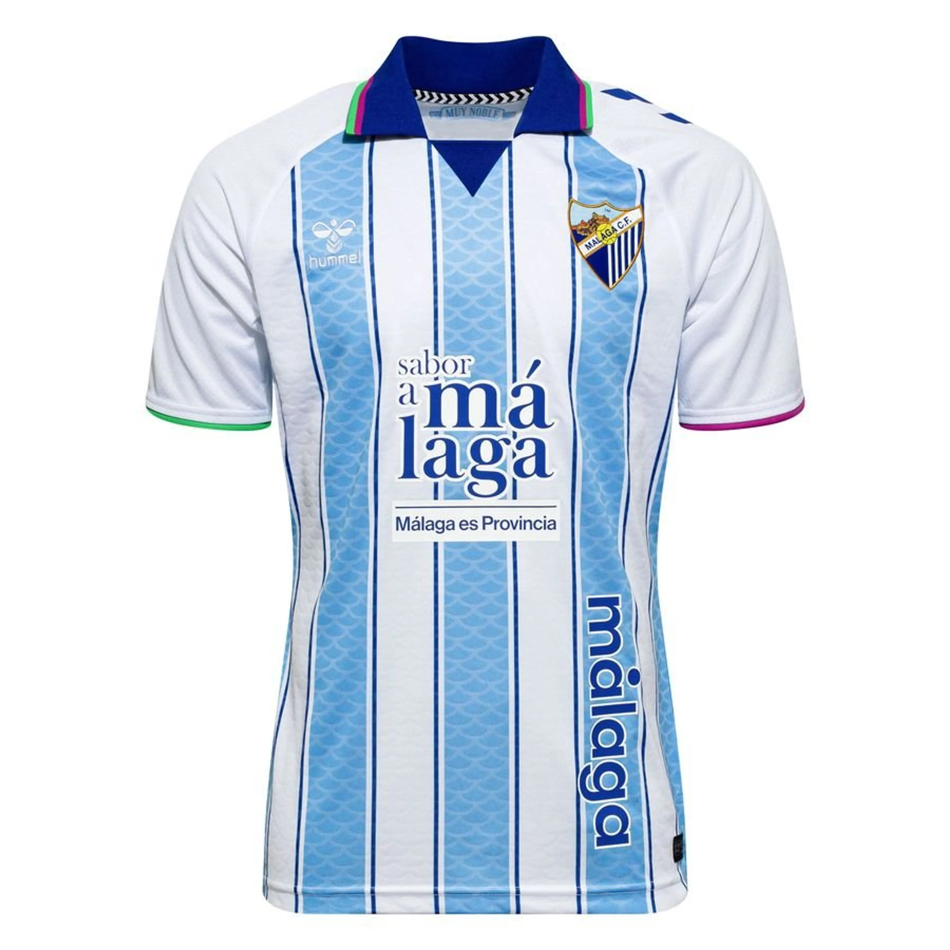 Mens Málaga Home Jersey 2026/27 Mens Málaga Home Jersey 2026/27 front view in sky blue and white stripes with royal blue collar
