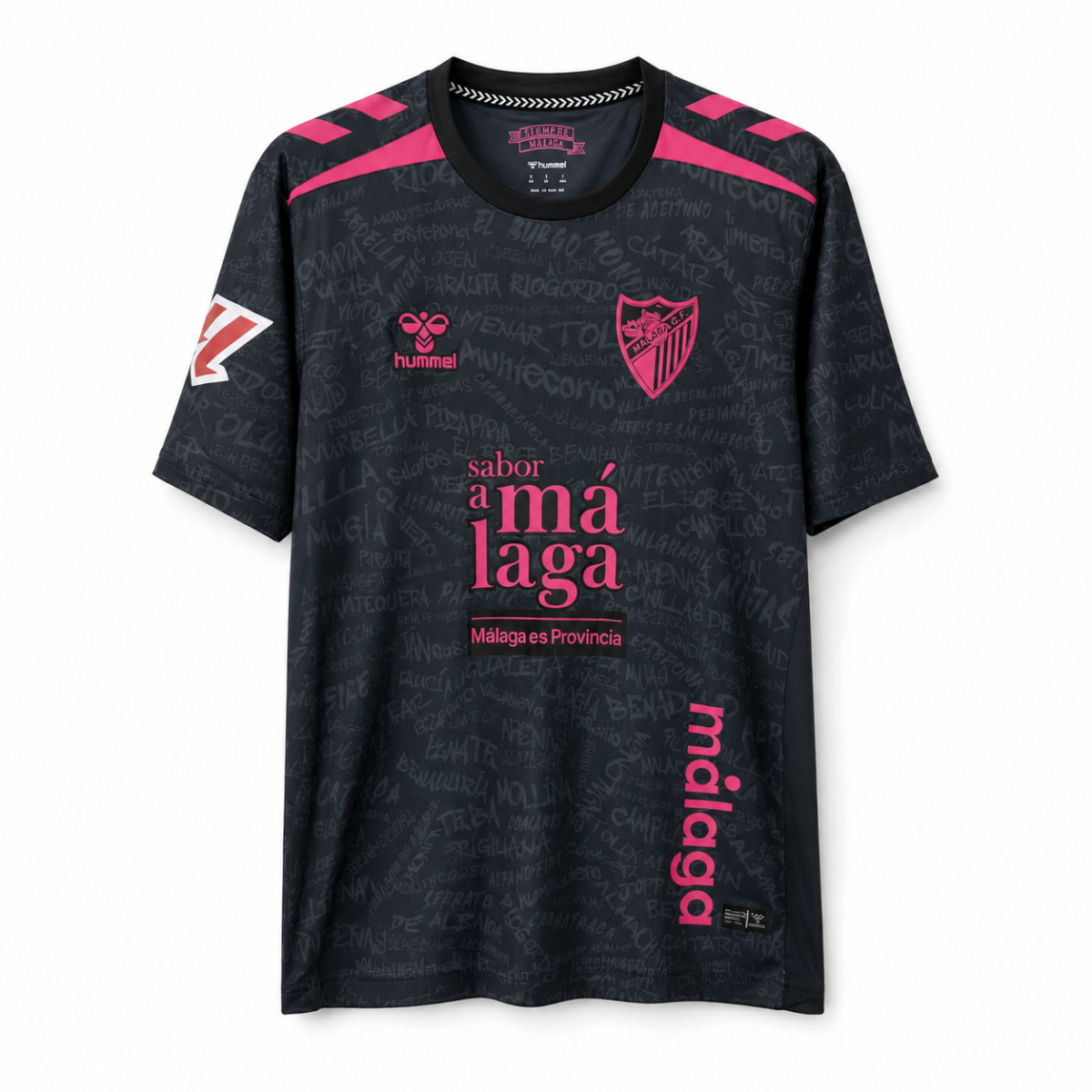 Mens Málaga Third Jersey 2026/27 Mens Málaga Third Jersey 2026/27 charcoal black shirt front view with tonal municipal graffiti and hot pink crest