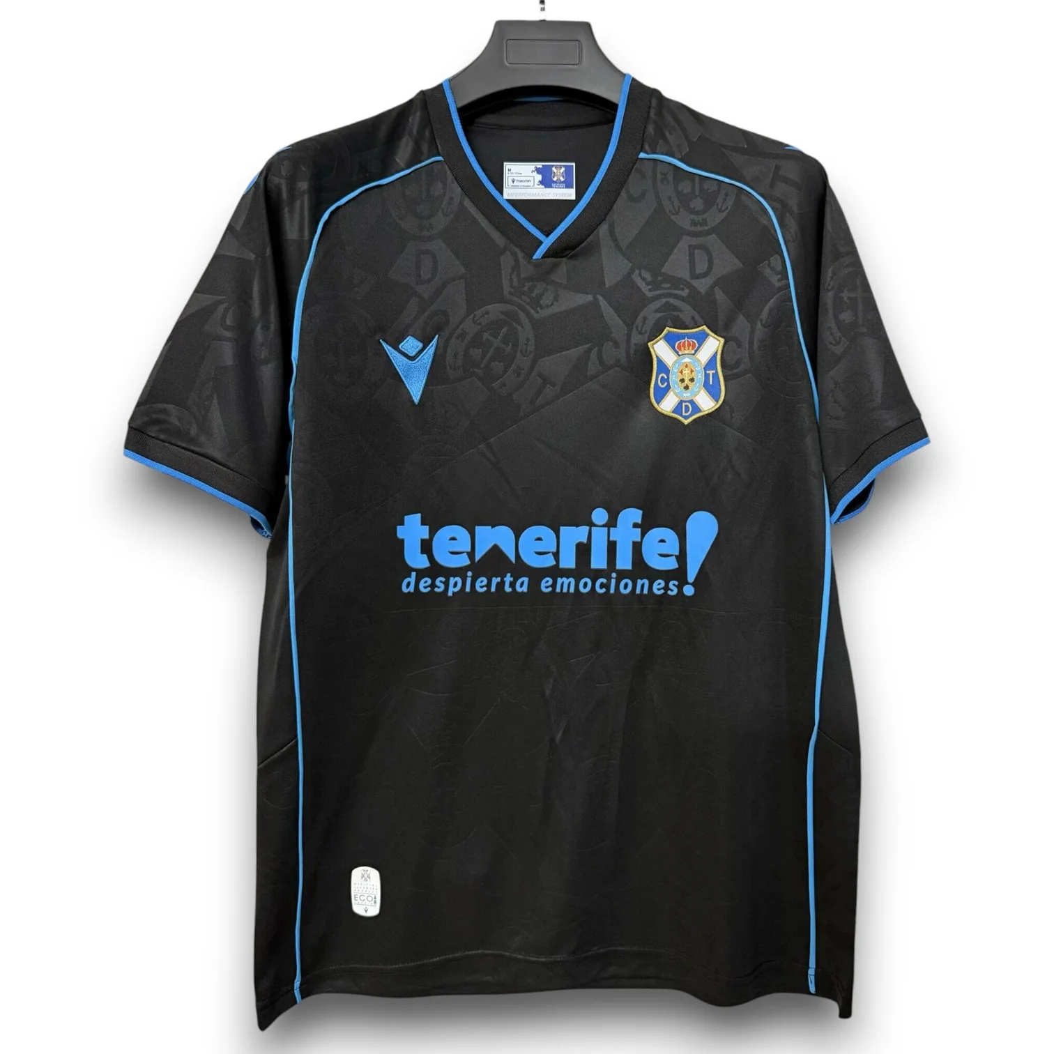 Mens Tenerife Away Jersey 2026/27 Mens Tenerife Away Jersey 2026/27 black shirt front view with electric blue piping and club crest