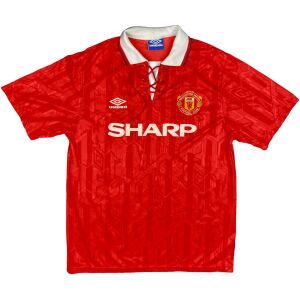 Mens Manchester United Retro Home Jersey 1992/94 front view showing jacquard red fabric, white lace-up collar, and Sharp sponsor