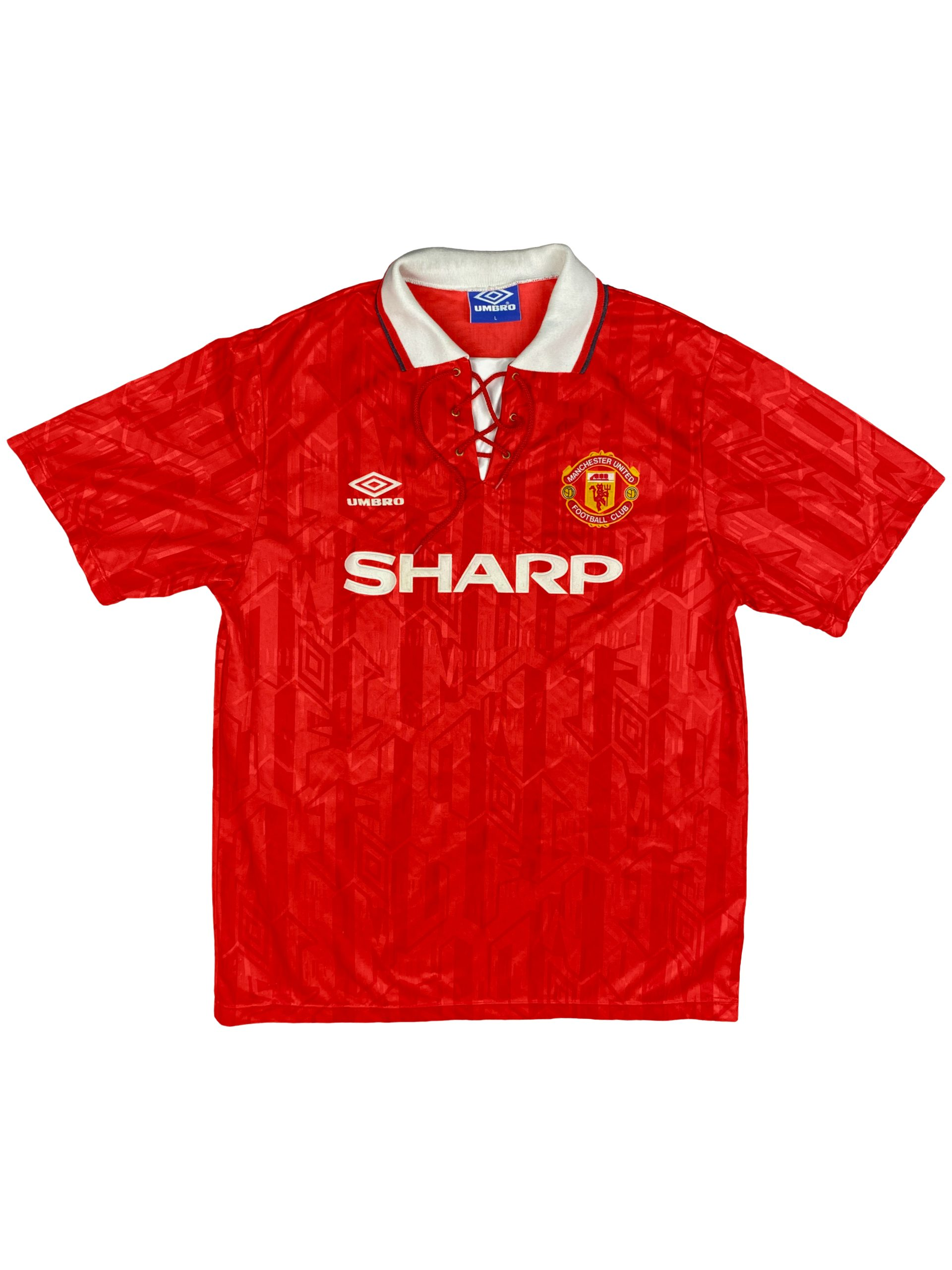 Mens Manchester United Retro Home Jersey 1992/94 Mens Manchester United Retro Home Jersey 1992/94 front view showing jacquard red fabric, white lace-up collar, and Sharp sponsor