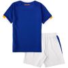 Kids Everton Home Kit 2026/27 rear view showing blue back with Nil Satis Nisi Optimum neck print and white shorts
