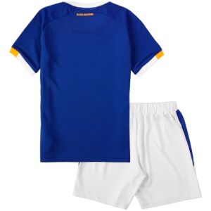 Kids Everton Home Kit 2026/27 rear view showing blue back with Nil Satis Nisi Optimum neck print and white shorts