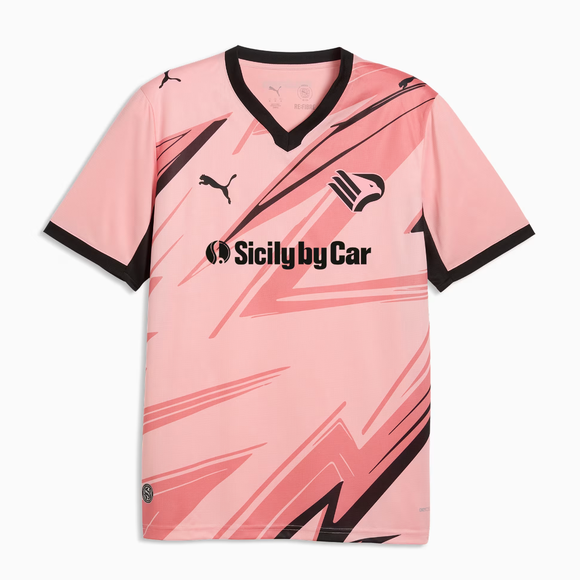 Mens Palermo Calcio Home Jersey 2026/27 Mens Palermo Calcio Home Jersey 2026/27 front view in pink with black angular graphics and Sicily by Car sponsor