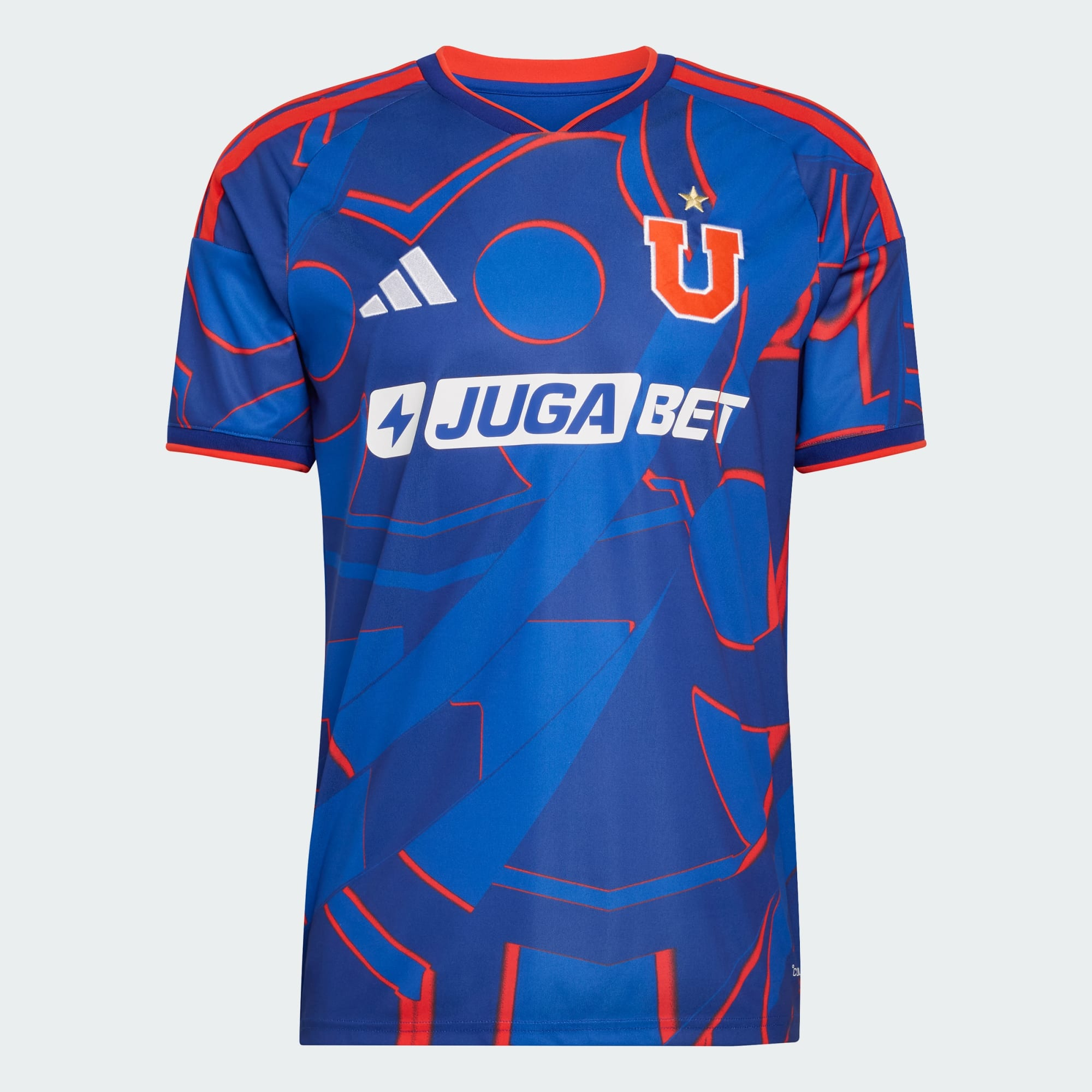 Mens Universidad de Chile Home Jersey 2026/27 Front view of the Mens Universidad de Chile Home Jersey 2026/27 in royal blue with red geometric line art