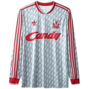 Mens Liverpool Retro Long Sleeve Away Jersey 1989 silver shirt front view with red Candy sponsor and Trefoil