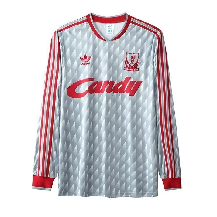 Mens Liverpool Retro Long Sleeve Away Jersey 1989 Mens Liverpool Retro Long Sleeve Away Jersey 1989 silver shirt front view with red Candy sponsor and Trefoil