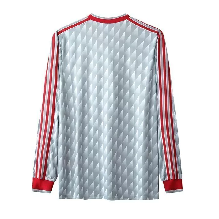 Mens Liverpool Retro Long Sleeve Away Jersey 1989 Mens Liverpool Retro Long Sleeve Away Jersey 1989 silver shirt rear view showing full geometric prism pattern and long sleeves
