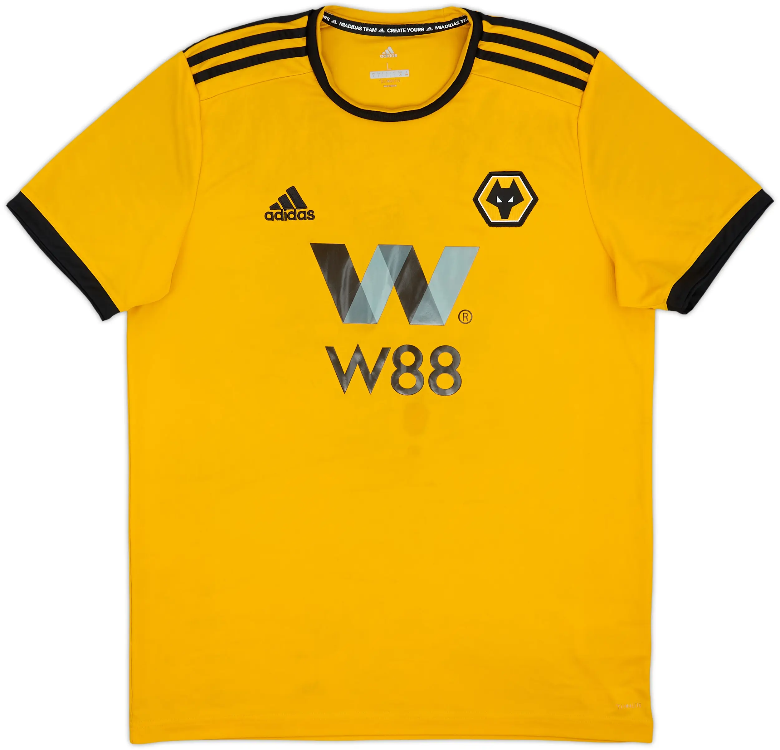 Mens Wolves Retro Home Jersey 2018/19 Mens Wolves Retro Home Jersey 2018/19 front view in Old Gold with wolf crest and W88 sponsor
