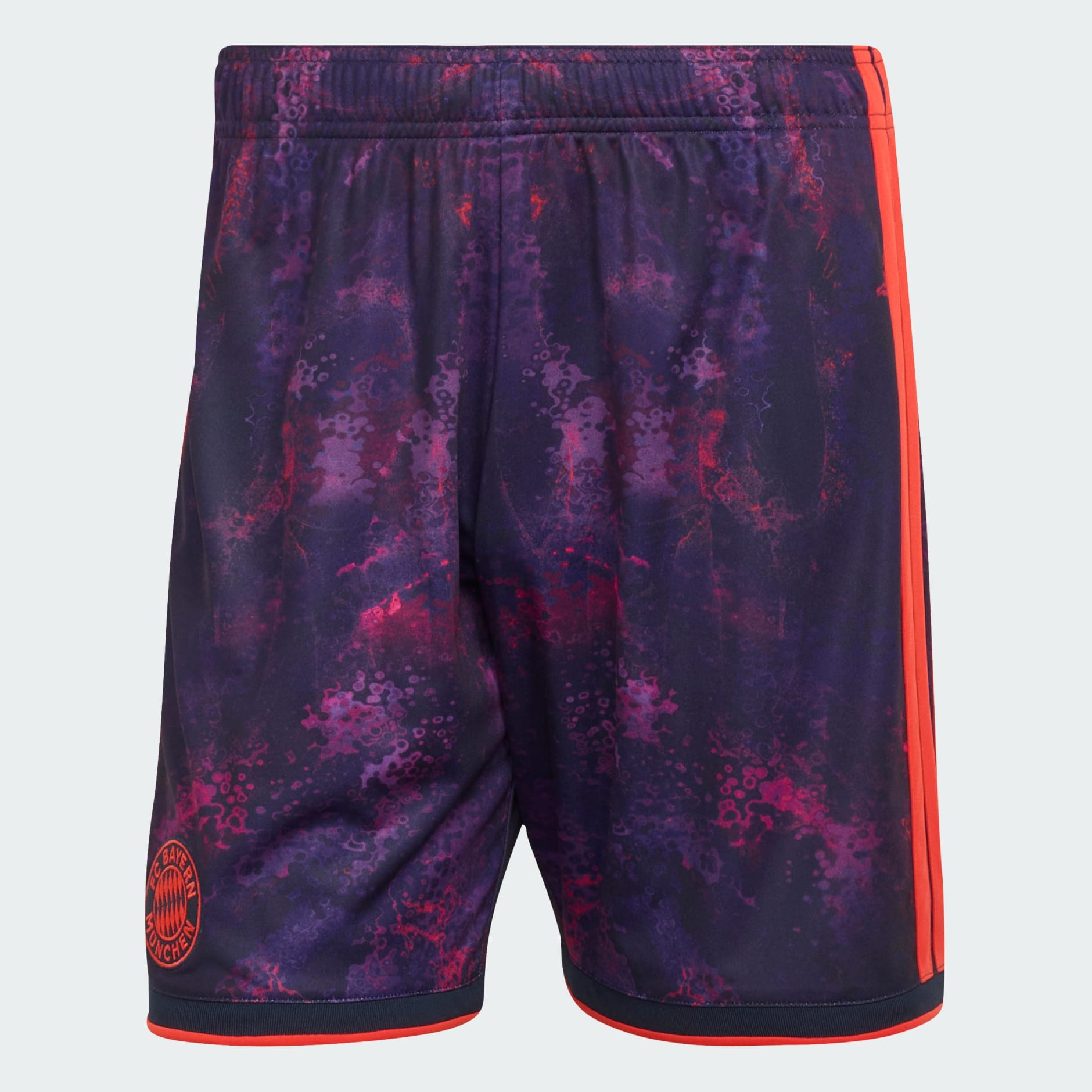 Mens Bayern Munich Third Shorts 2026/27 Mens Bayern Munich Third Shorts 2026/27 cosmic splatter shorts front view with red Bayern crest and 3-stripes