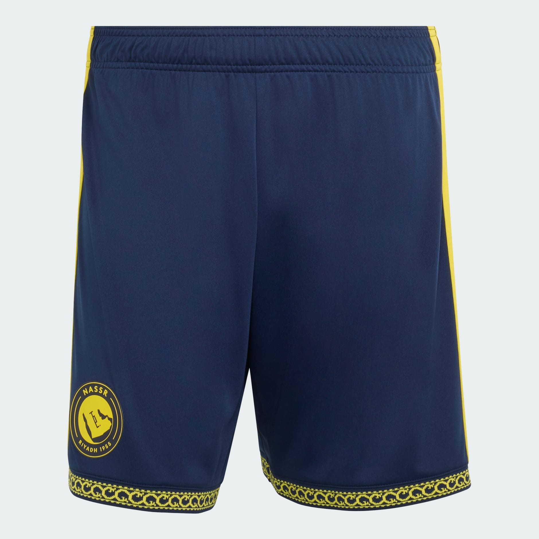 Mens Al Nassr Home Shorts 2026/27 Mens Al Nassr Home Shorts 2026/27 navy shorts front view with yellow Al Nassr crest and ornamental hem